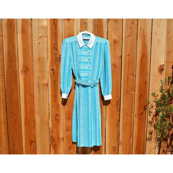 Vintage 1980s 1990s Samantha Stevens Petites Turquoise Herringbone Print Dress - Picture 1 of 8